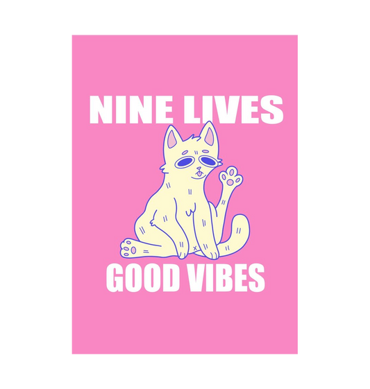 White \u2018Nine Lives Good Vibes\u2019 Art print A5